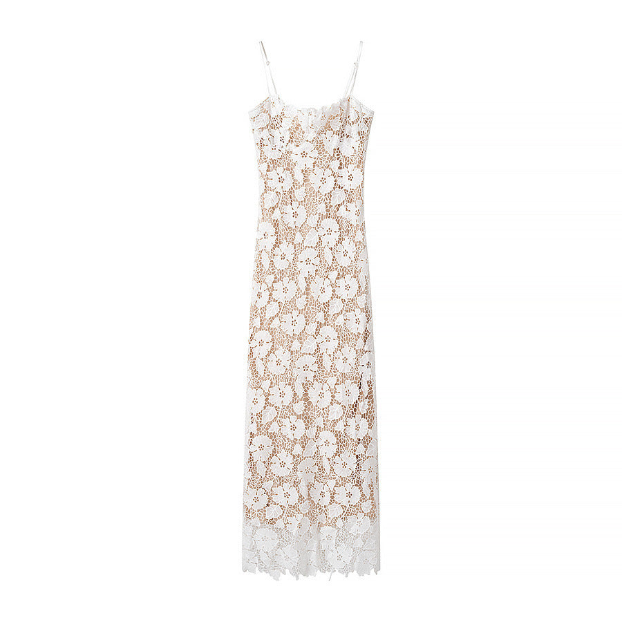 Women's Lace Strap Midi Dress with Side Slit