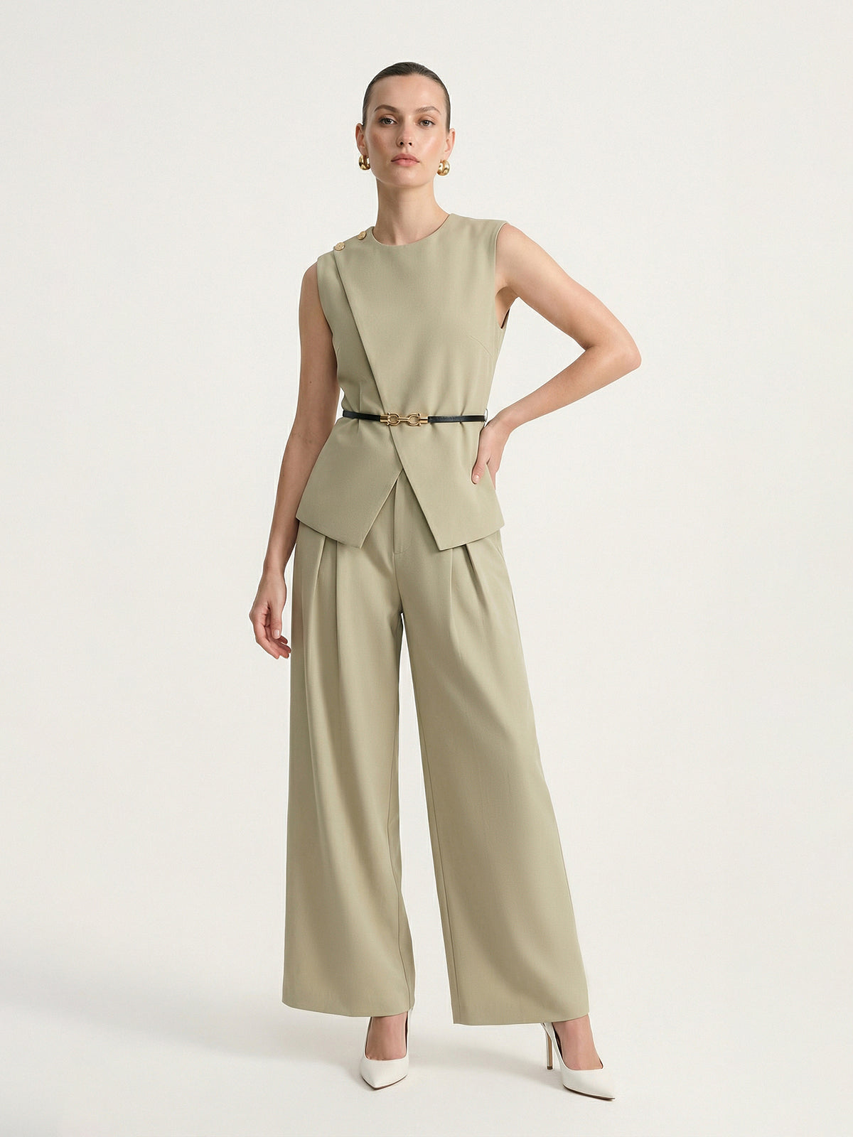 Sleeveless Belted Top & Pleated Pants Set