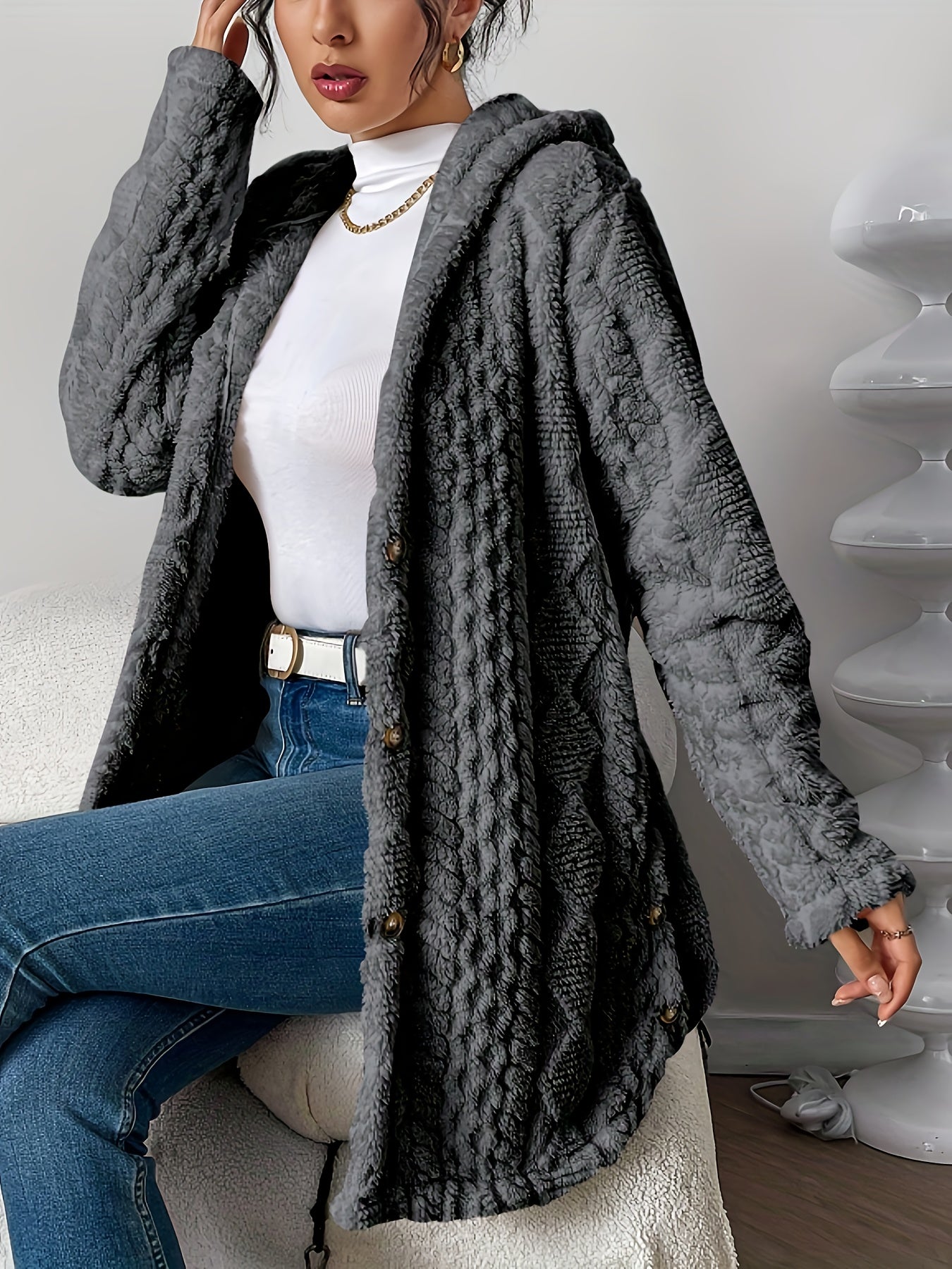 Fuzzy Fleece Button Down Jacket Hooded Open Front Cardigan Sweater