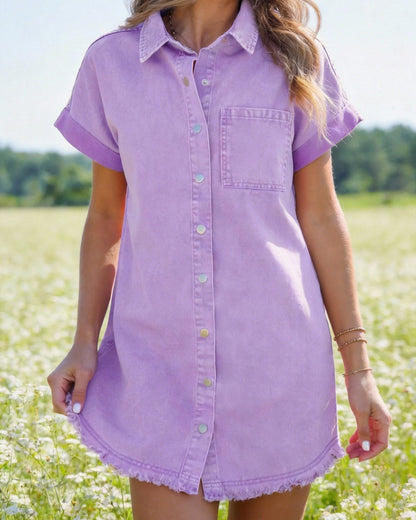 Frayed Hem Denim Shirt Dress