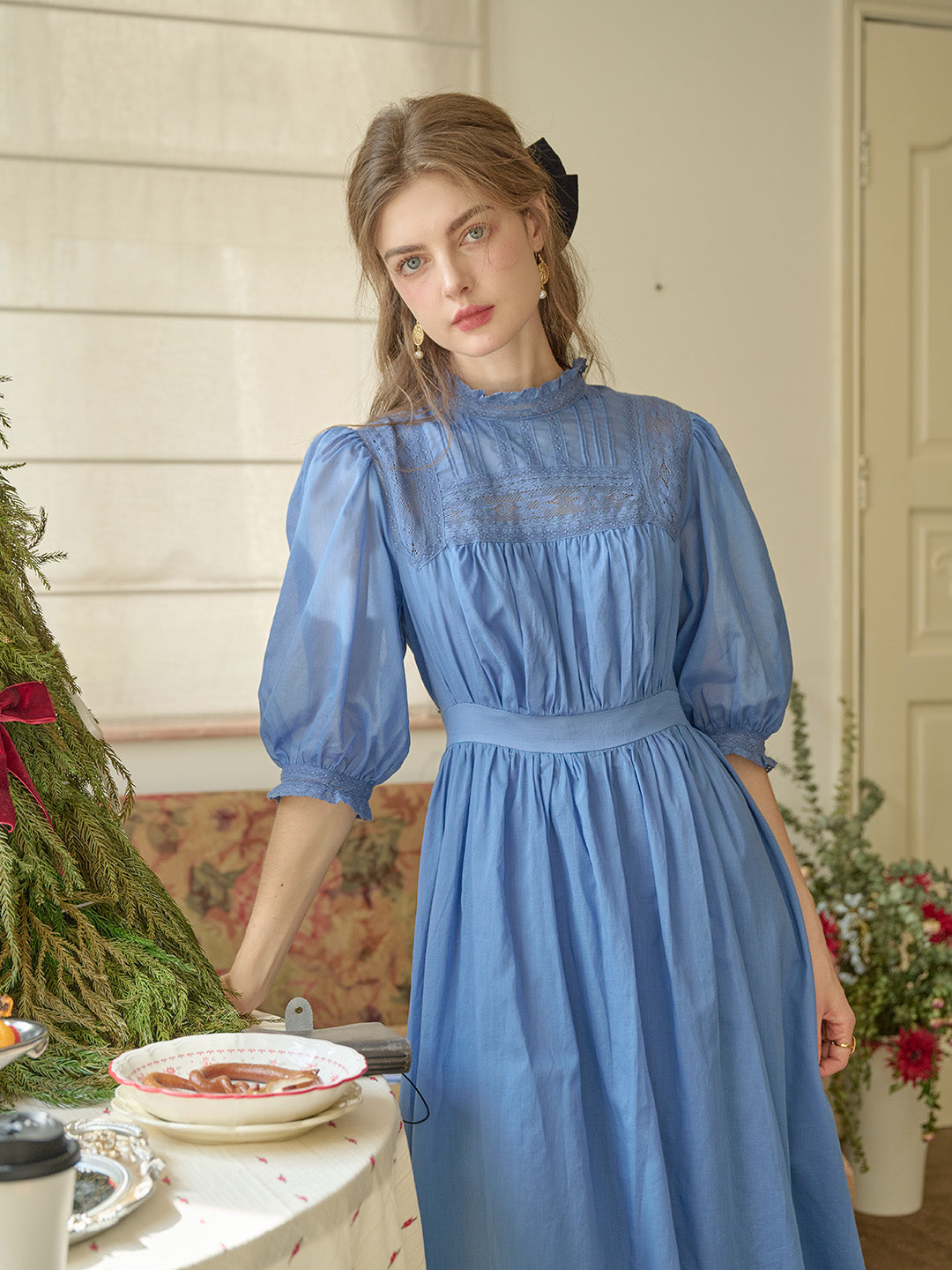 Averie Lace Panel Blue Dress Davin Luxe