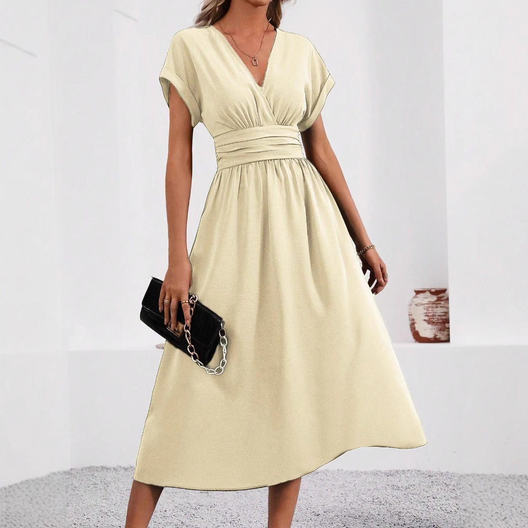 Overlapping V-neck Batwing Sleeve Waist Pleated Elegant Dress