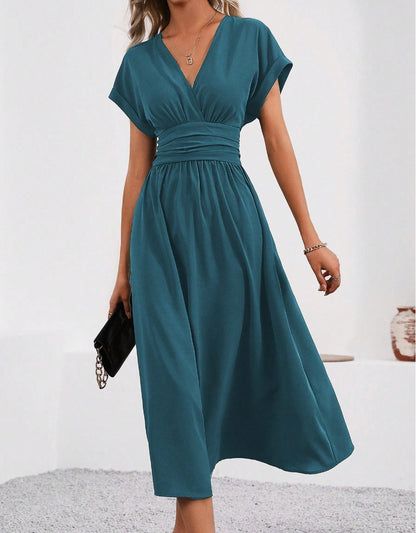 Overlapping V-neck Batwing Sleeve Waist Pleated Elegant Dress