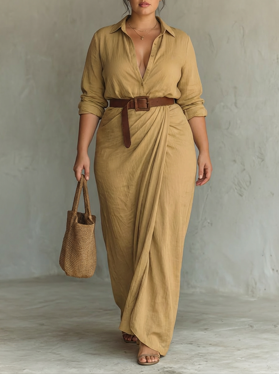 Eleanor Notched Collar Maxi Dress - Khaki