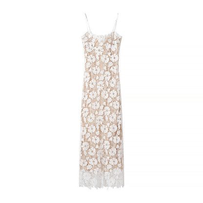 Women's Lace Strap Midi Dress with Side Slit