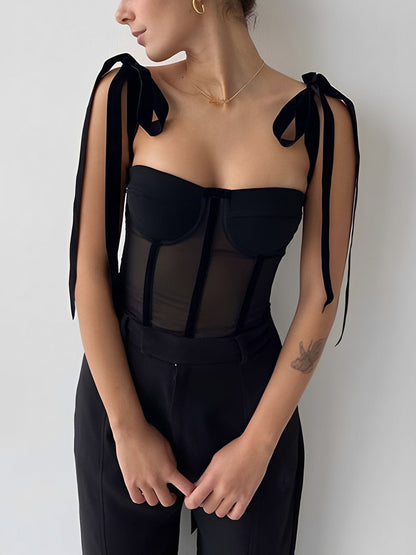 Semi-Sheer Tied Mesh Cami Crop Top