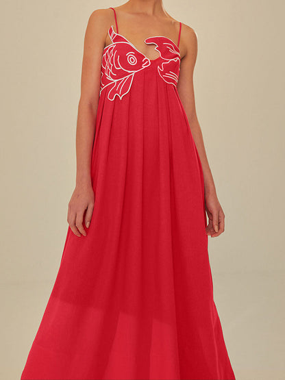 Embroidered Fish Semi-Sheer Cami Dress
