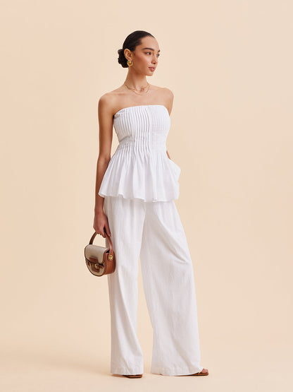 Cotton Pleated Strapless Peplum Top