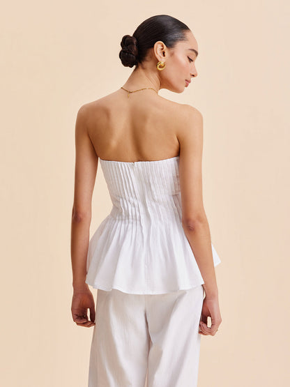 Cotton Pleated Strapless Peplum Top
