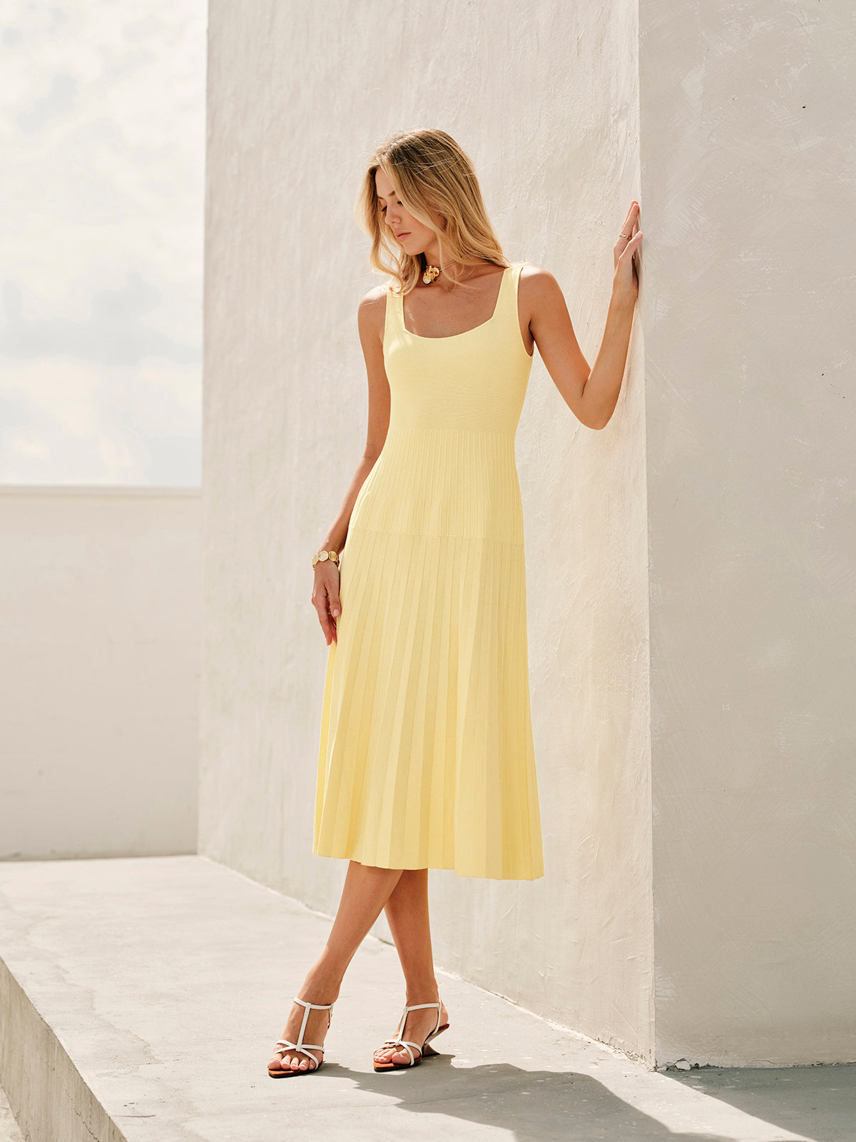 Square-Neck Ribbed Knit Dress