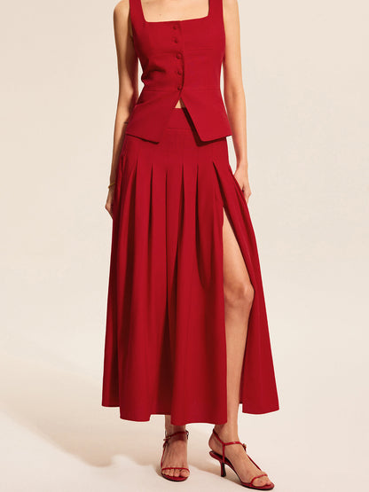 Cotton & Linen Pleated Slit Skirt