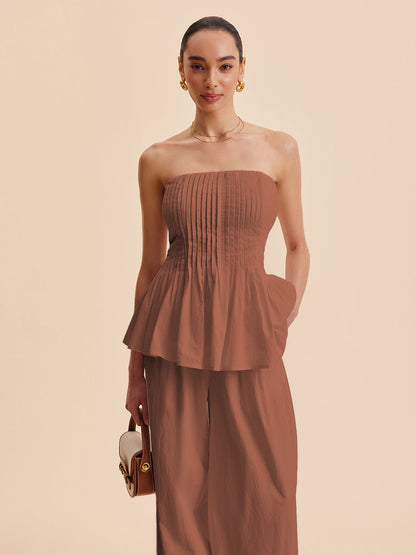 Cotton Pleated Strapless Peplum Top
