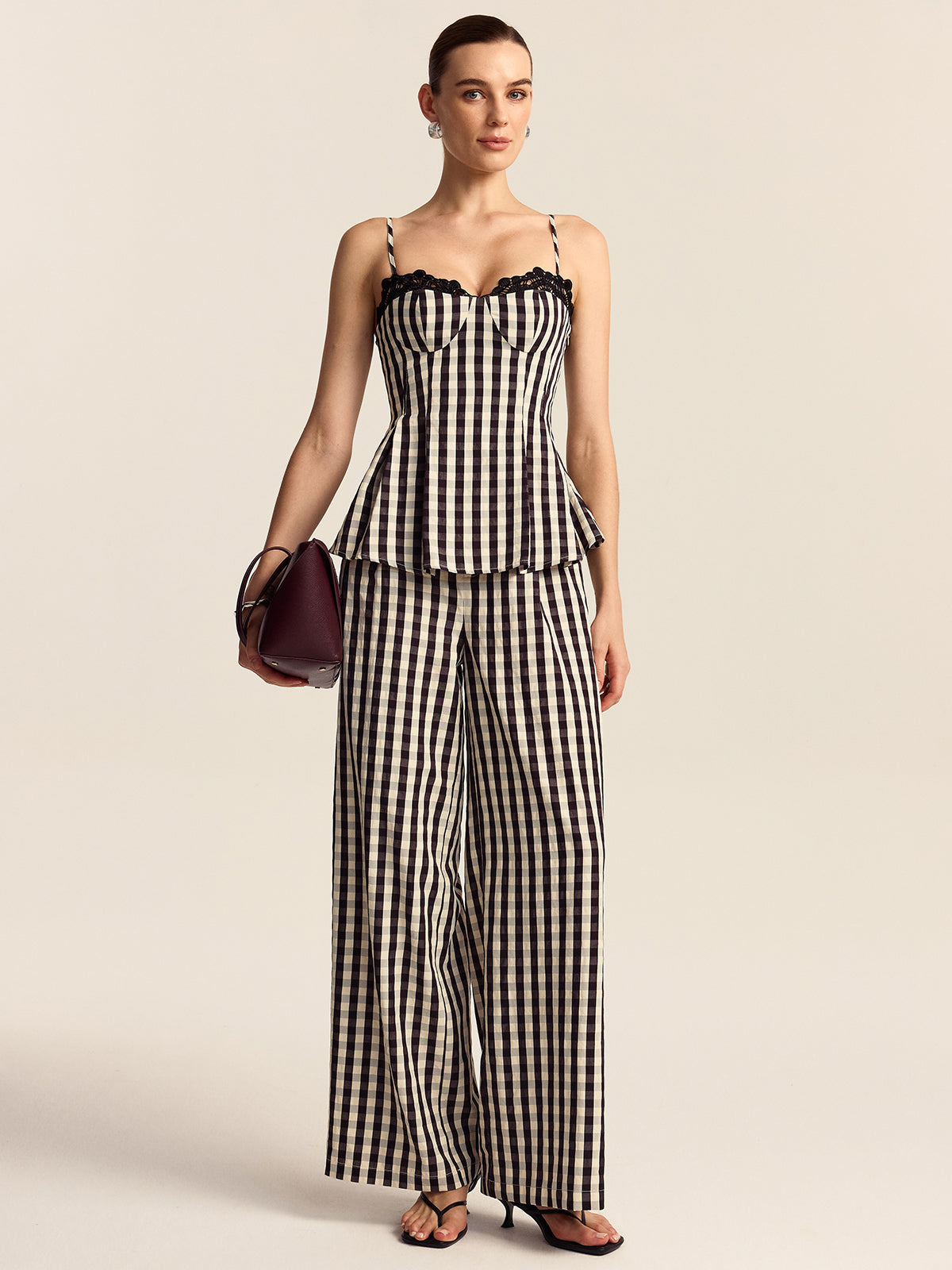 Gingham Spaghetti Strap Peplum Top with Lace Trim