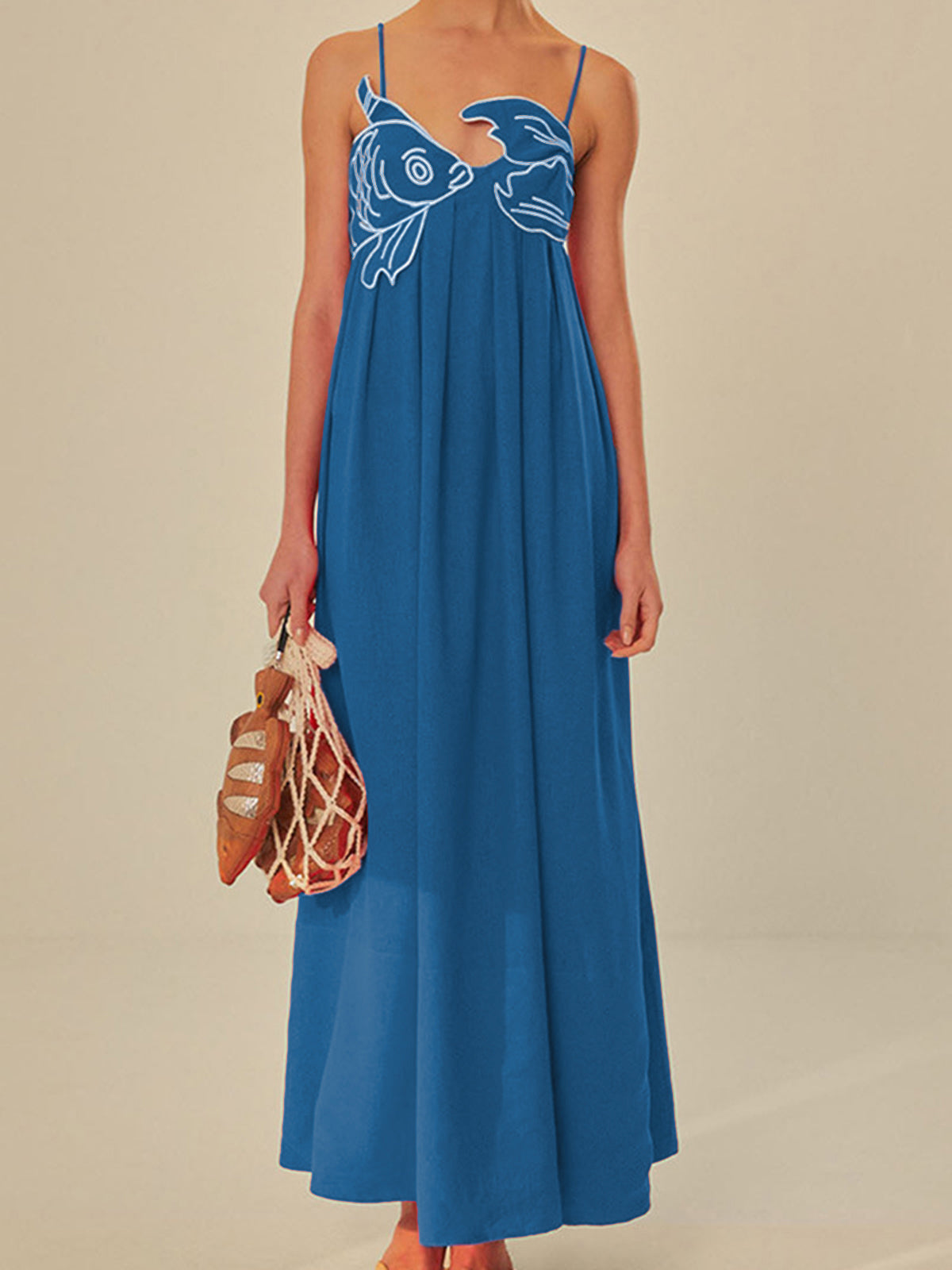 Embroidered Fish Semi-Sheer Cami Dress