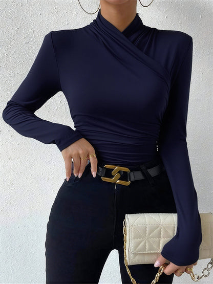 Cross-Over Collar Pleated Cinched T-Shirt