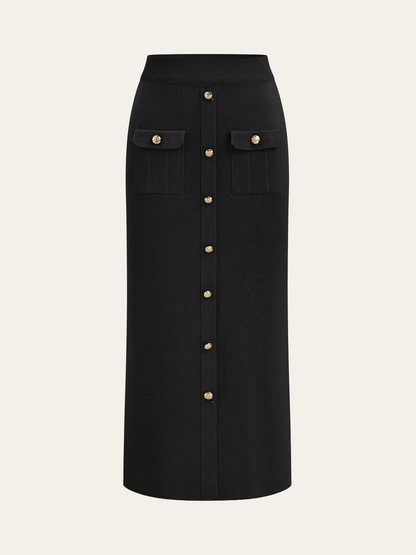 Metal Button Collared Cardigan and Midi Skirt Set