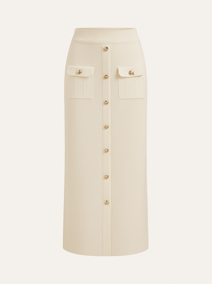 Metal Button Collared Cardigan and Midi Skirt Set