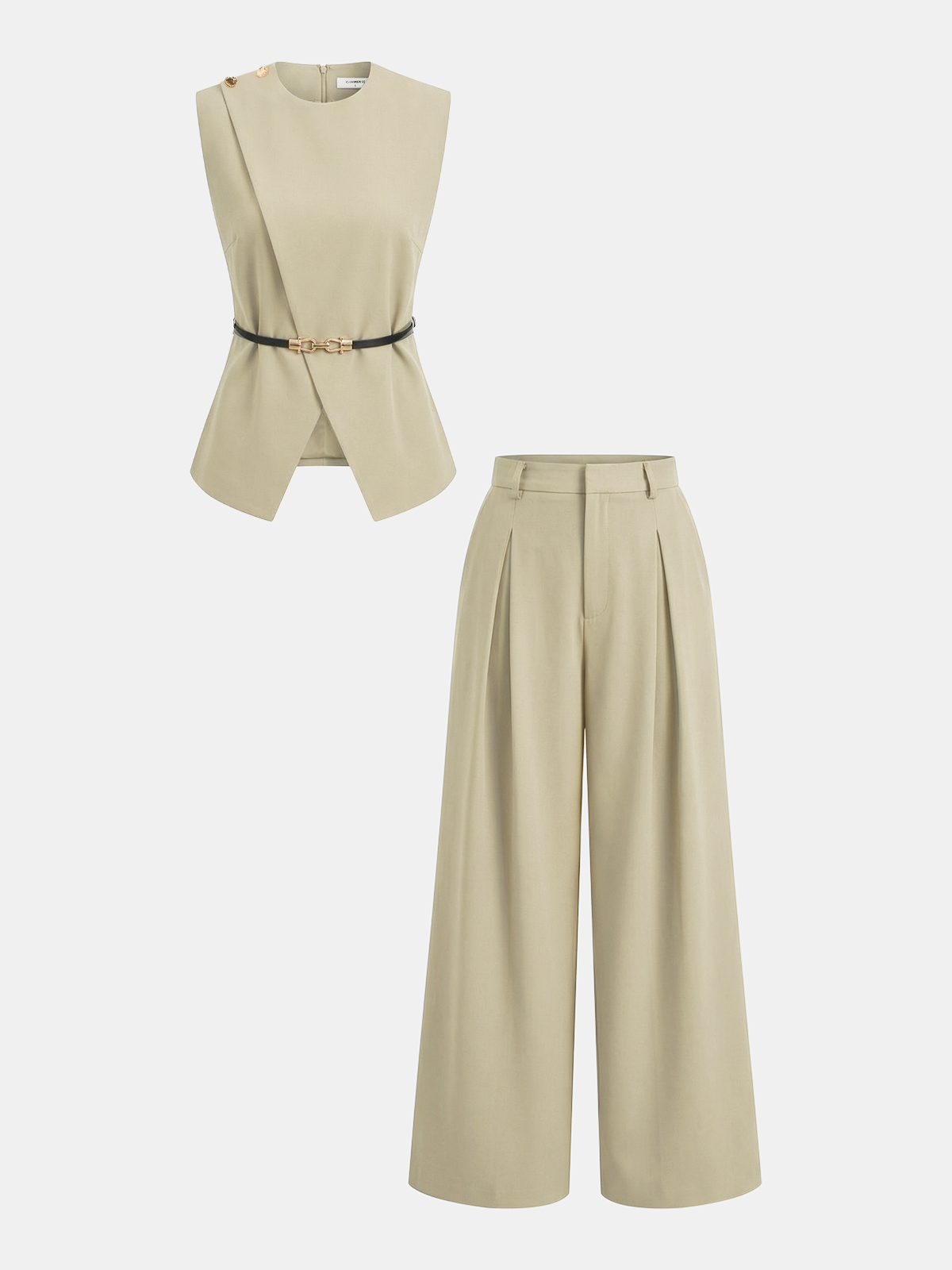 Sleeveless Belted Top & Pleated Pants Set