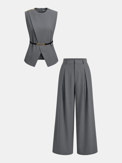 Sleeveless Belted Top & Pleated Pants Set