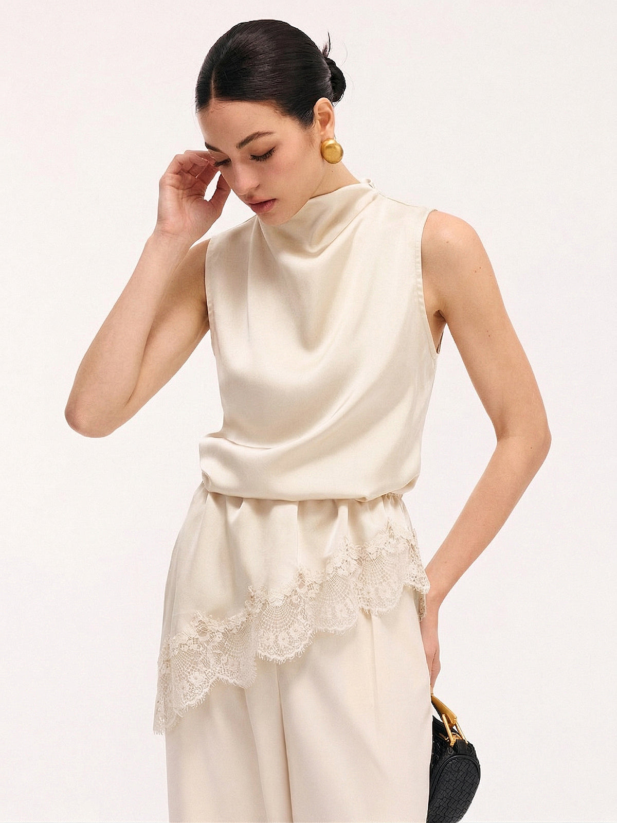 Lace Trim Satin Sleeveless Blouse