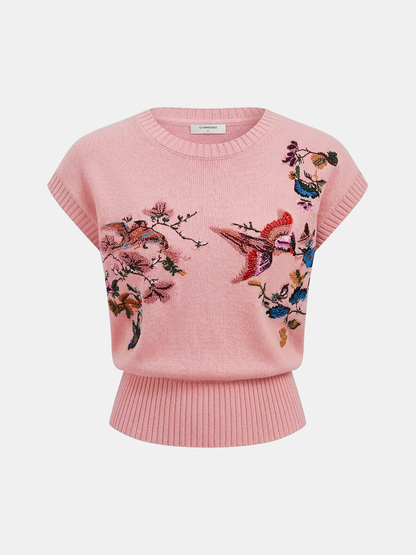 Embroidered Floral Bird Knit Vest