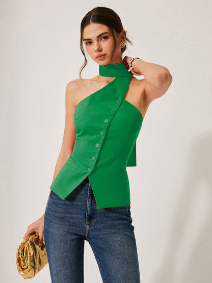 Cotton & Linen Halter Top With Decor Pockets