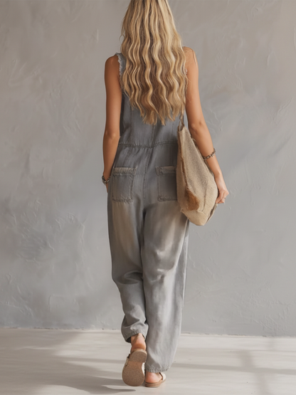 Retro Raw Hem Denim Jumpsuit