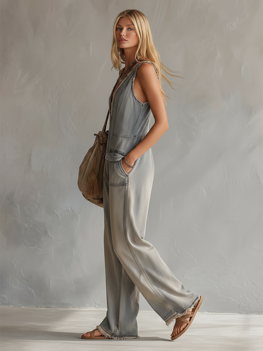 Retro Raw Hem Denim Jumpsuit
