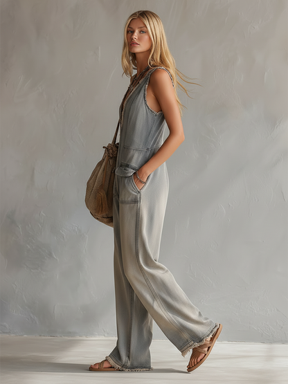 Retro Raw Hem Denim Jumpsuit