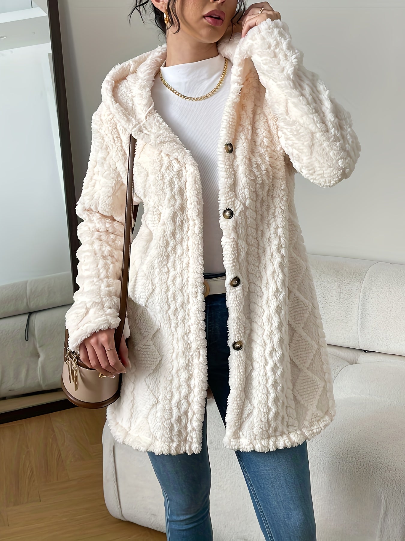 Fuzzy Fleece Button Down Jacket Hooded Open Front Cardigan Sweater