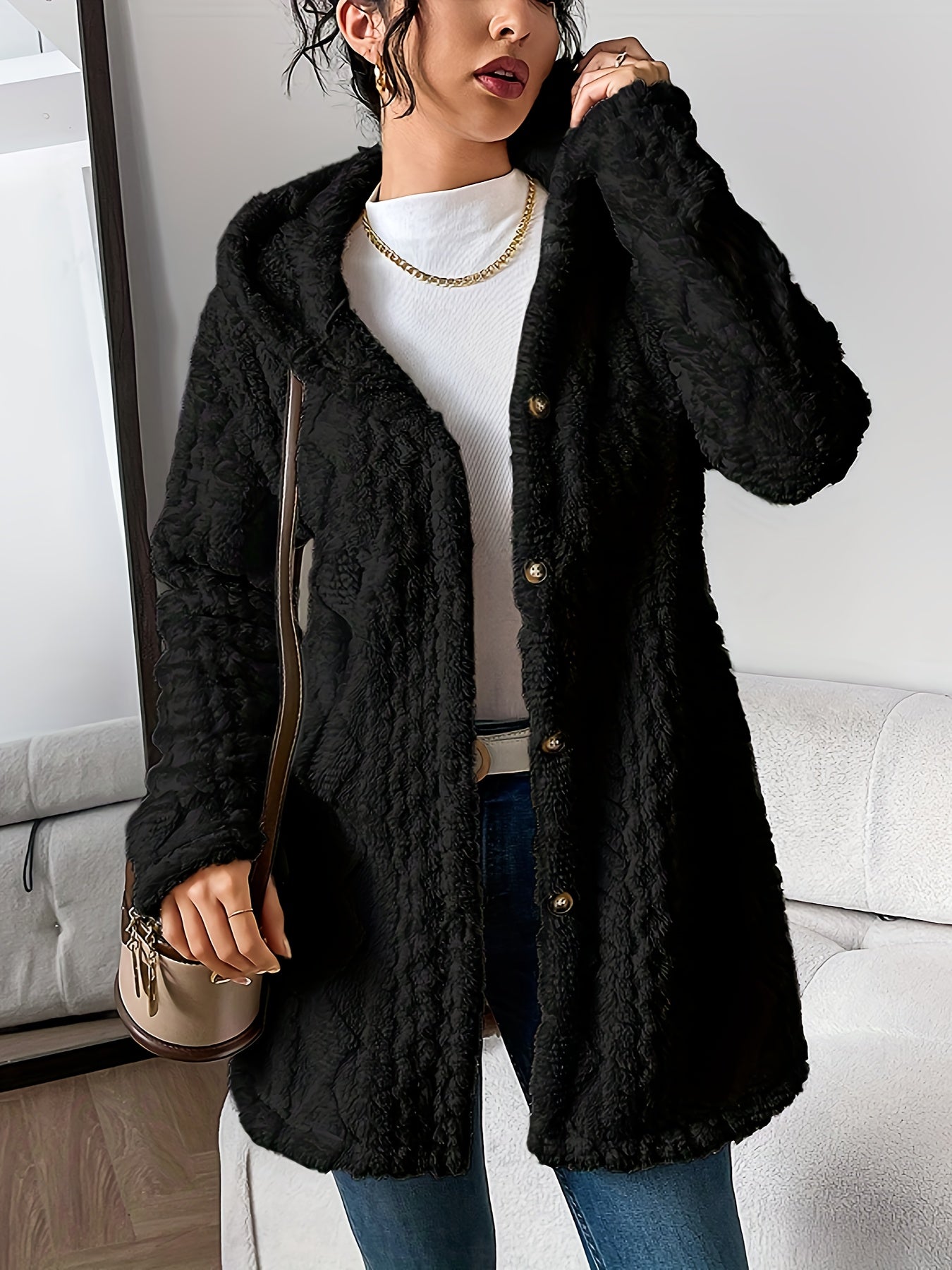 Fuzzy Fleece Button Down Jacket Hooded Open Front Cardigan Sweater