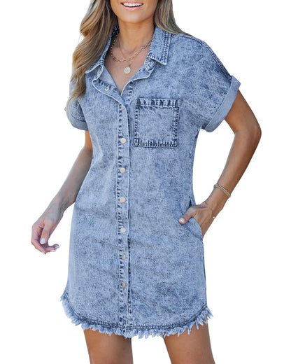 Frayed Hem Denim Shirt Dress