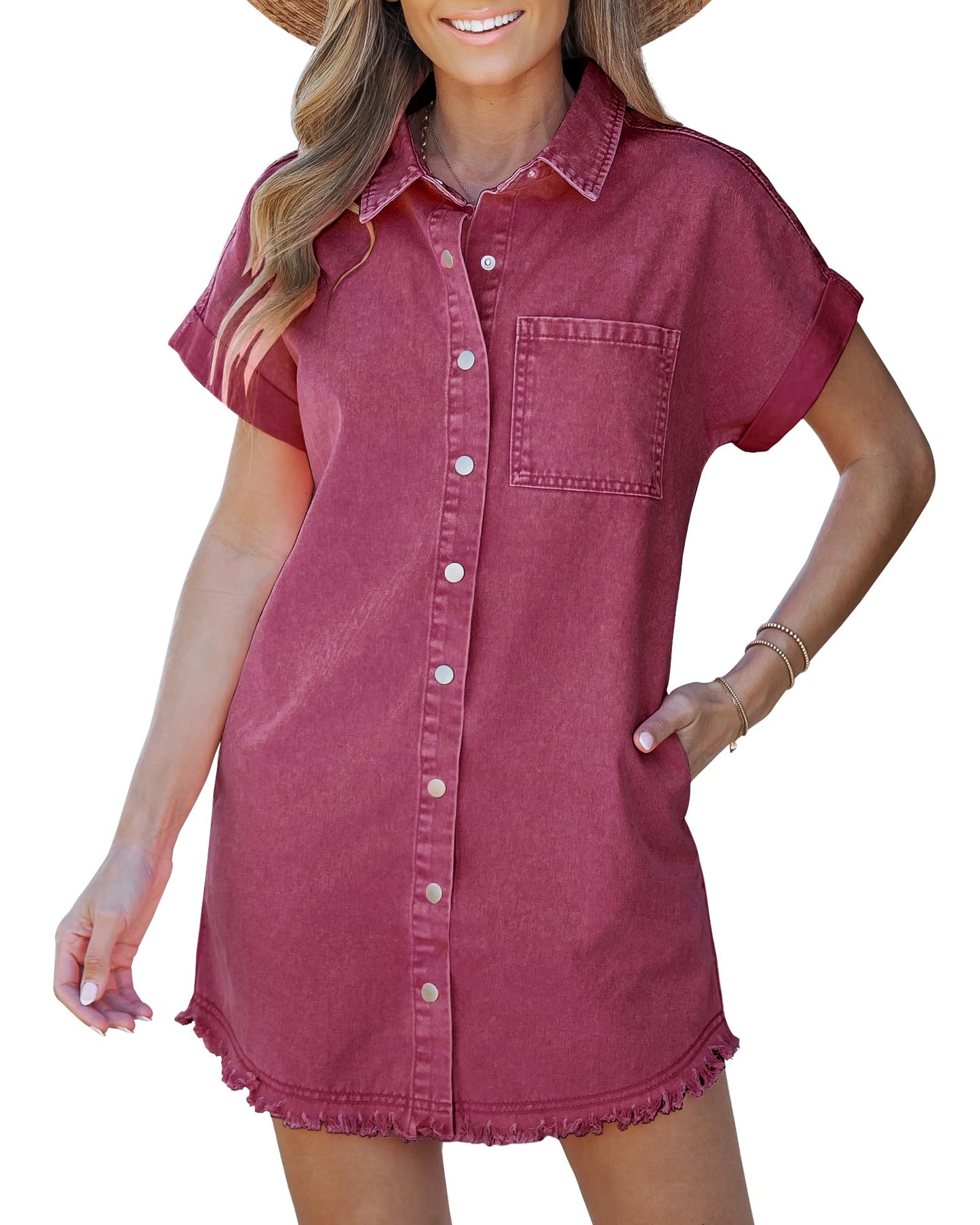 Frayed Hem Denim Shirt Dress