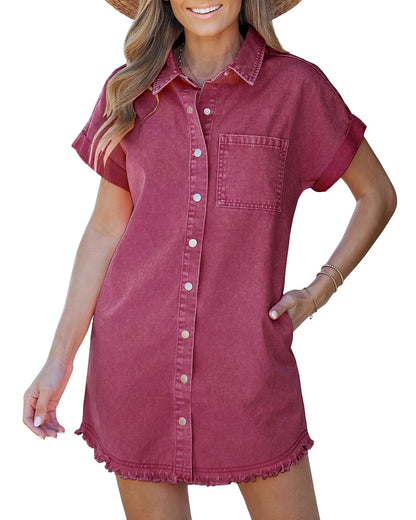 Frayed Hem Denim Shirt Dress