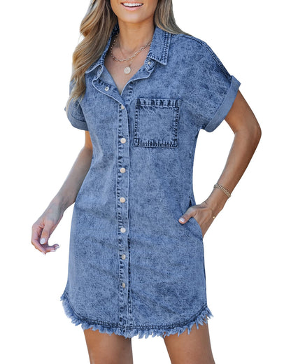 Frayed Hem Denim Shirt Dress