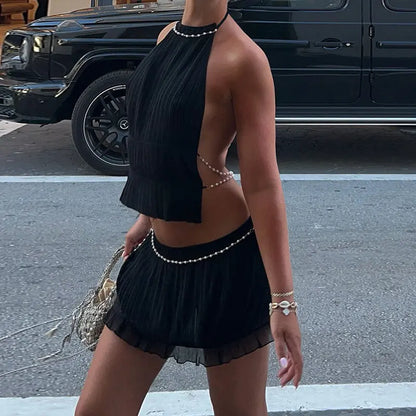 Summer Sexy Pearl Chain Halter Backless Top-Set My Store