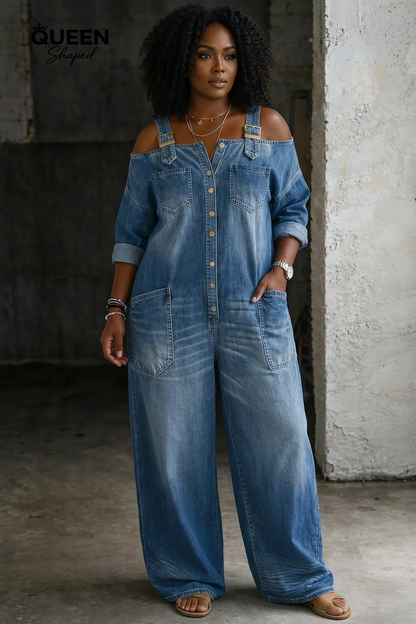 Stephanie | Off Shoulder Denim Shirt Jumpsuit