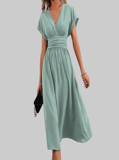 Overlapping V-neck Batwing Sleeve Waist Pleated Elegant Dress