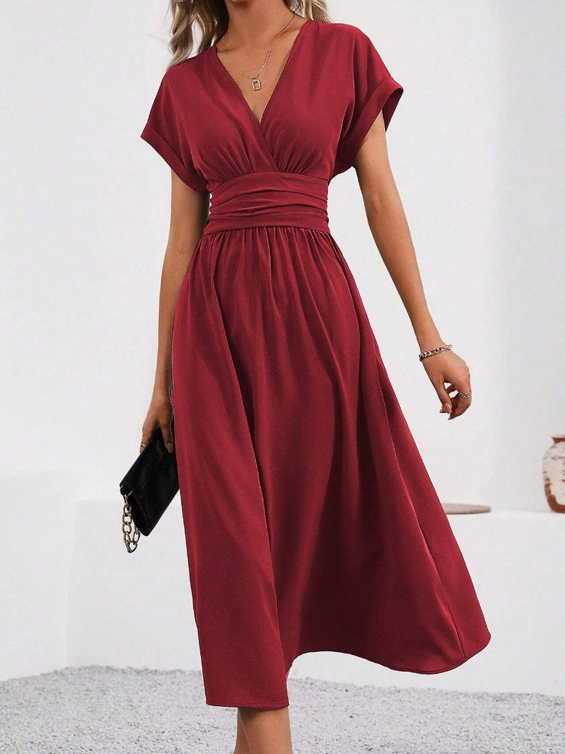Overlapping V-neck Batwing Sleeve Waist Pleated Elegant Dress