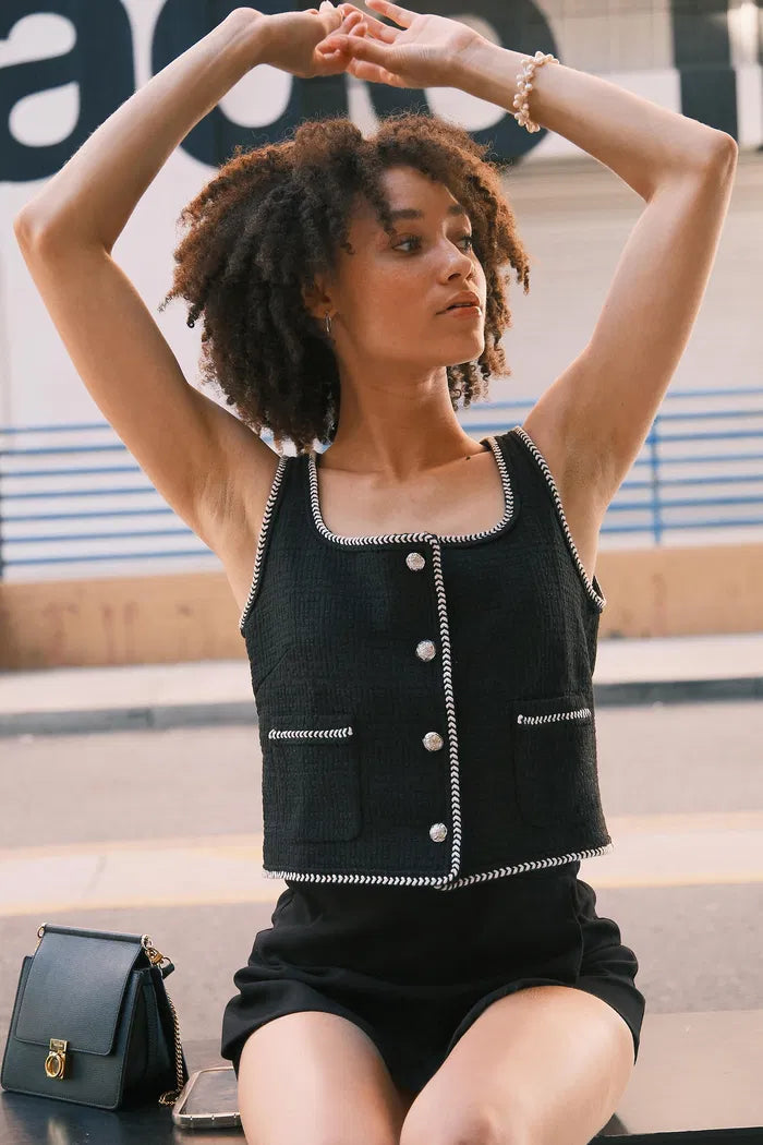 Hailey Contrast Trim Vest in Herringbone Tweed Davin Luxe