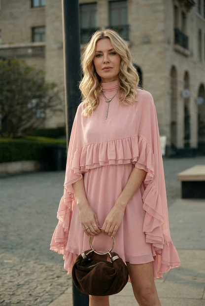 Semi-Sheer Chiffon Ruffle Dress With Outer Cape