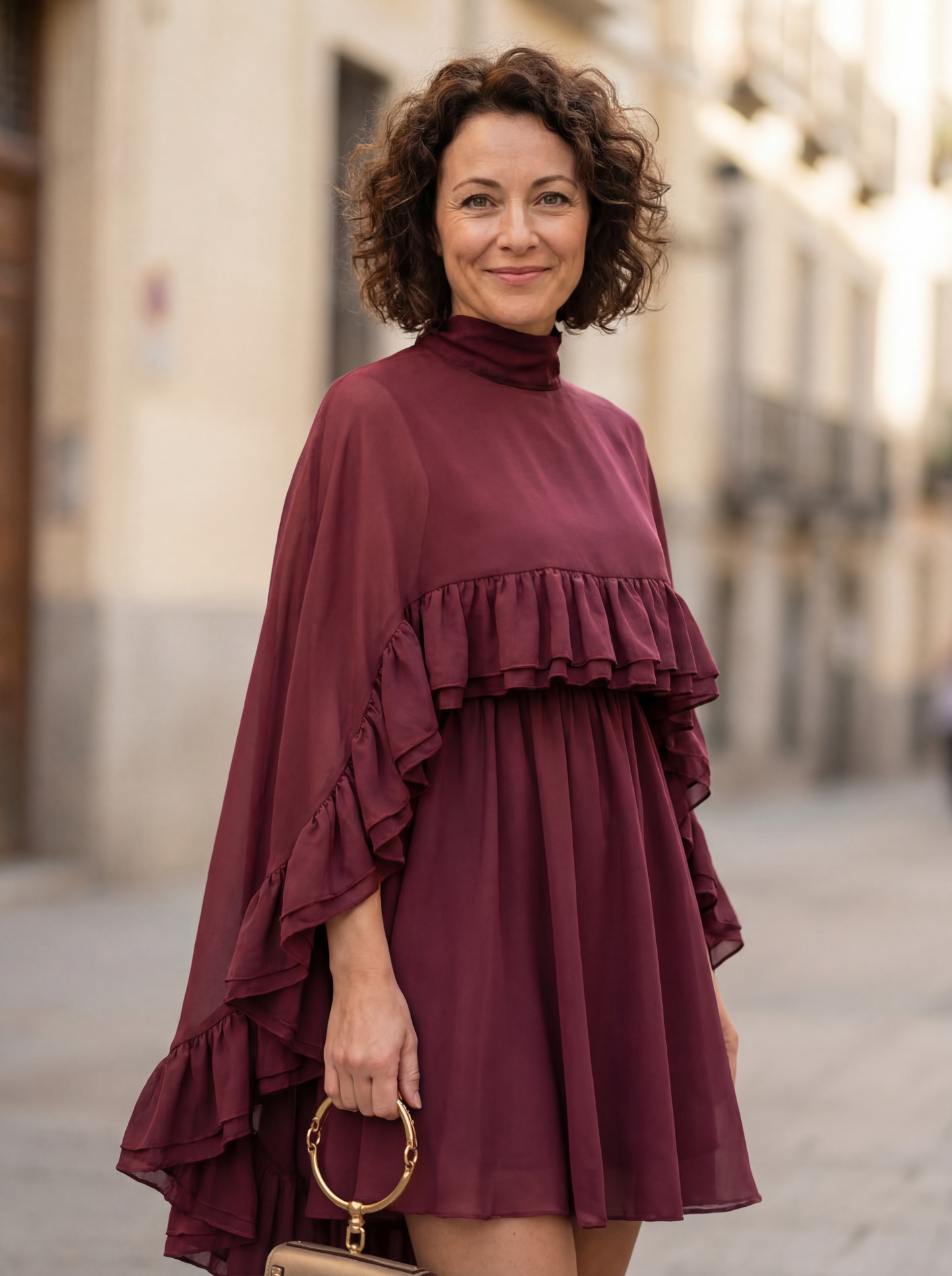 Semi-Sheer Chiffon Ruffle Dress With Outer Cape