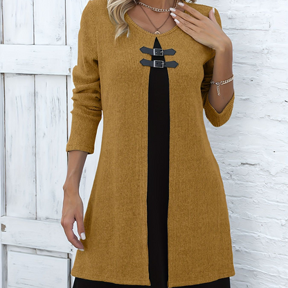 💃🌸 Women’s A-line knee-length dress with a subtle two-piece look