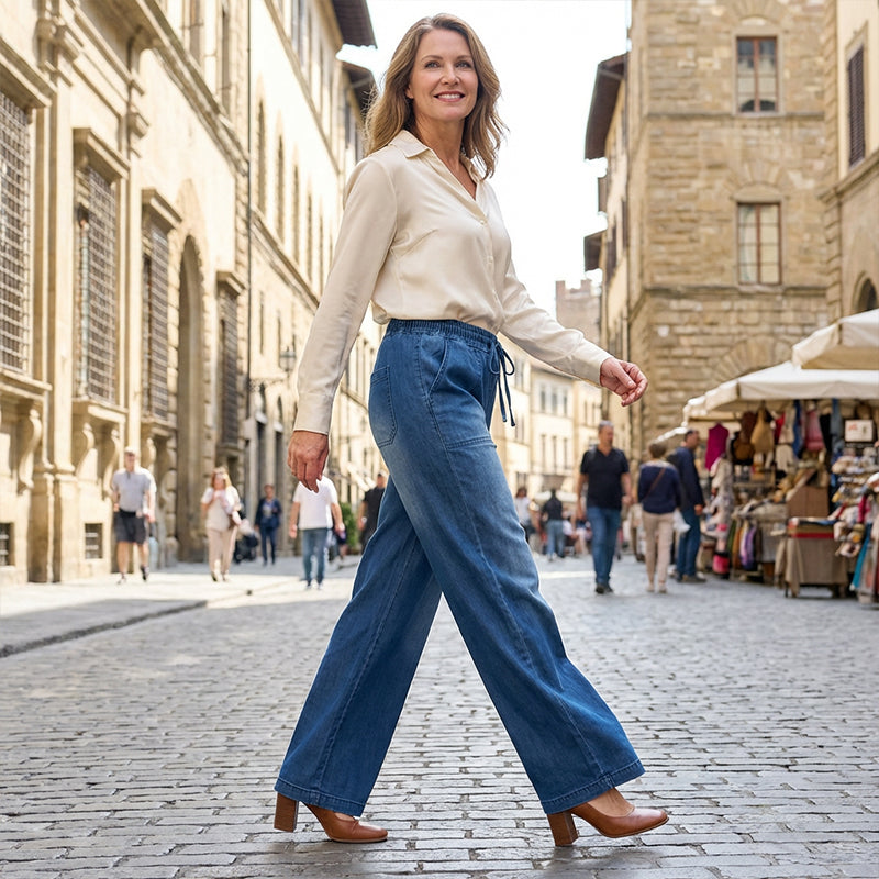 Drawstring Wide-Leg Denim Jeans